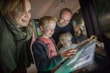 A family looking at a display in a museum