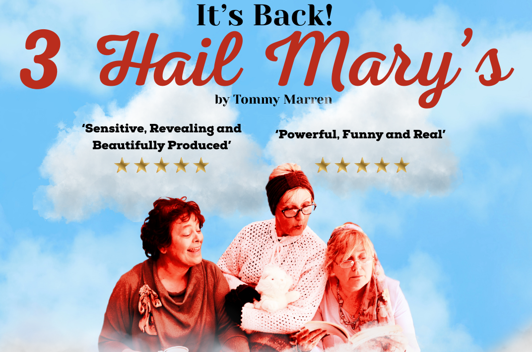 3 Hail Marys -  An Táin, 3 older women looking down at a book one is holding open, against blue sky with white clouds.