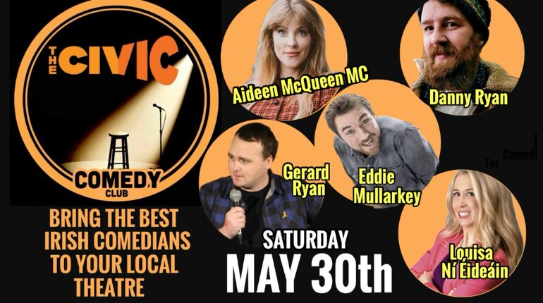 Poster for comedy night with 5 circular photos of different people