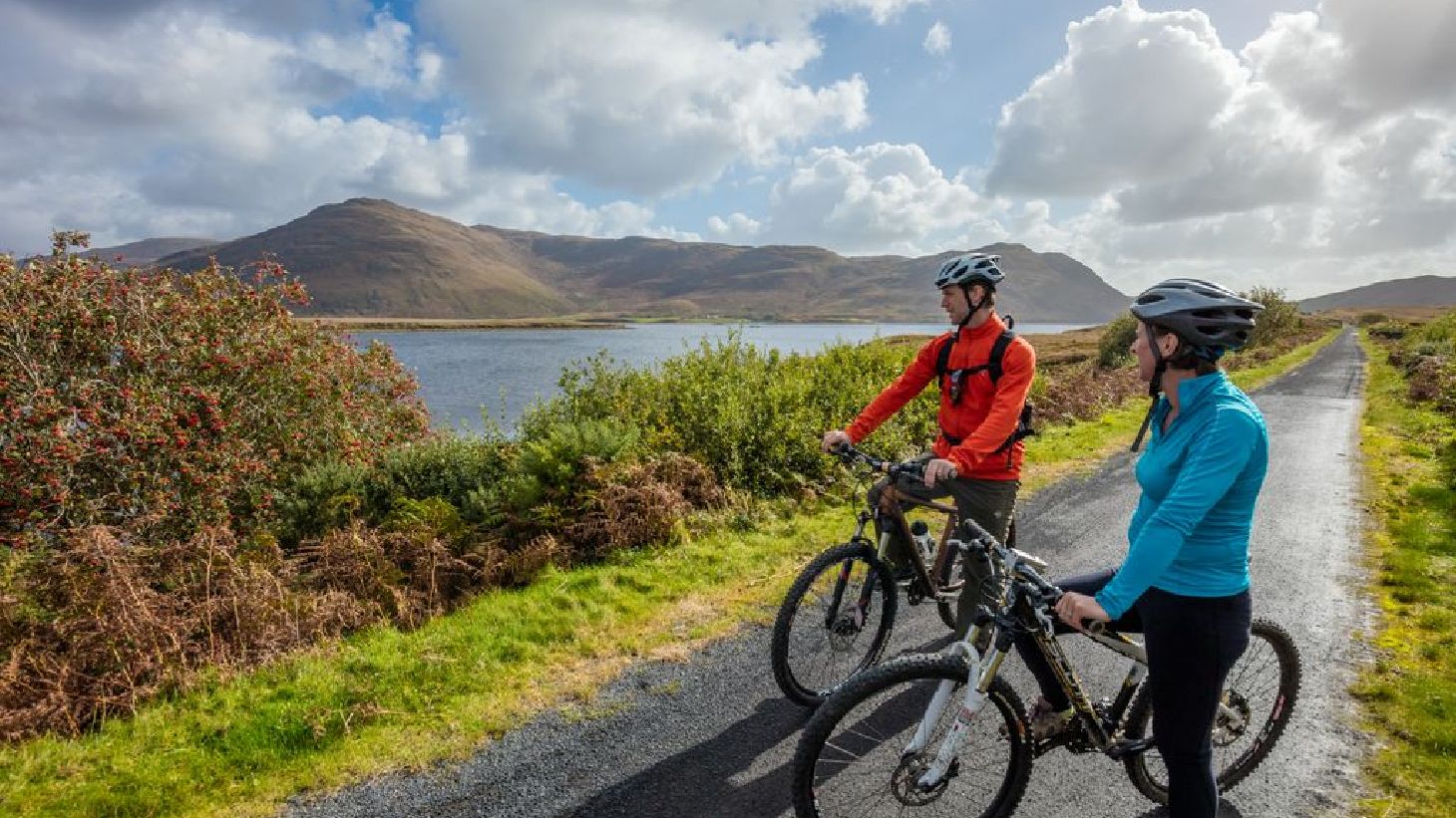 Two cyclists taking a break on the Great Western Greenway in County Mayo