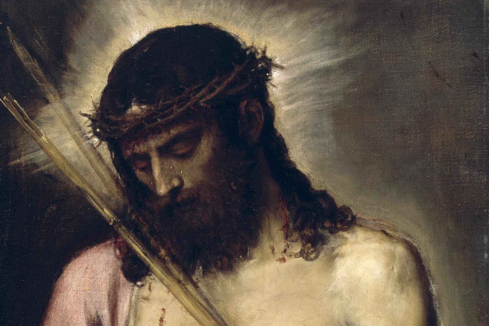 Ecce Homo by Titian. It shows Jesus wounded and crying, wearing a crown of thorns.