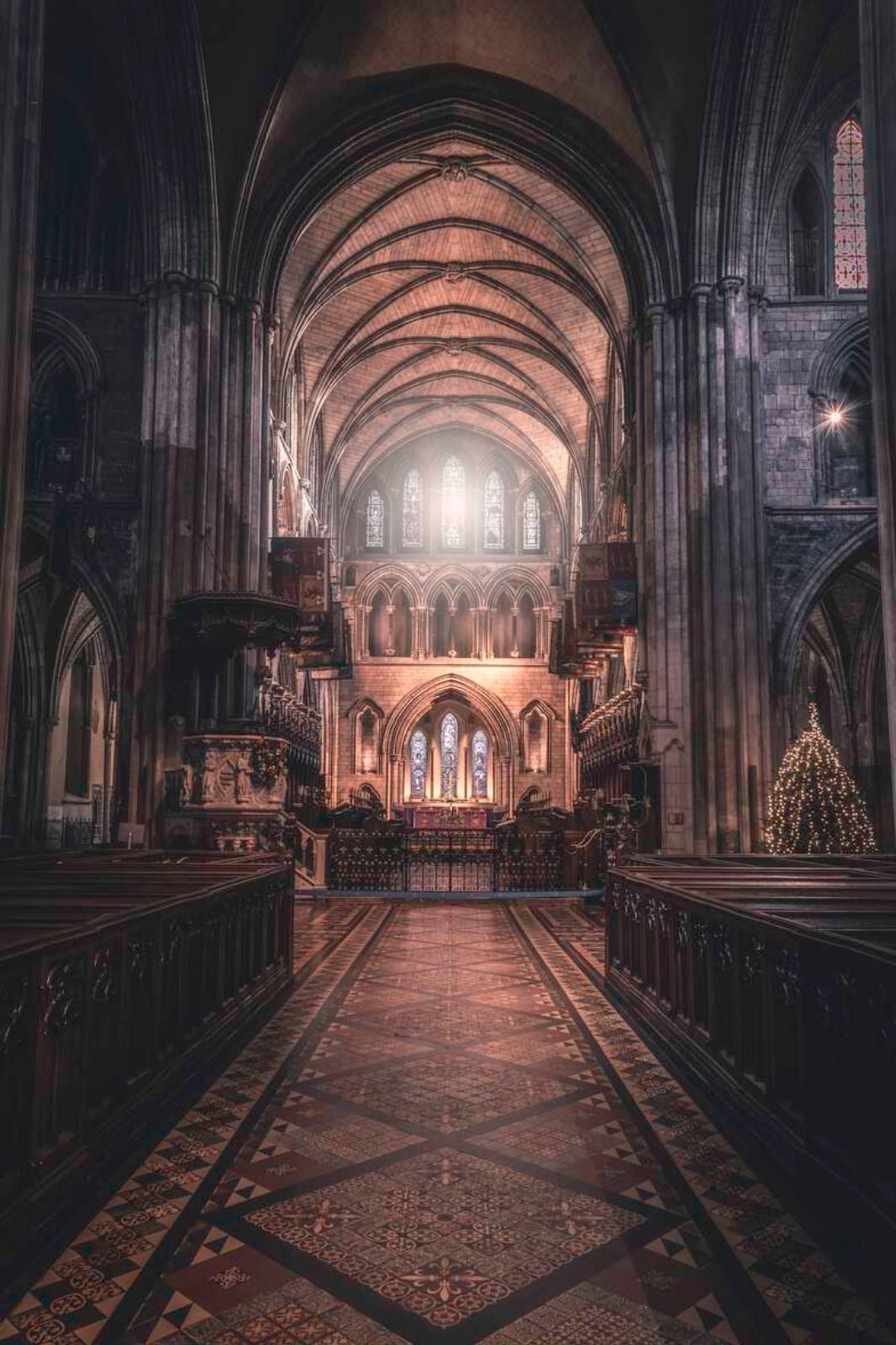 Interior facade of St Patrick's Cathedral at Christmas time with a Christmas tree off to the right of the altar.