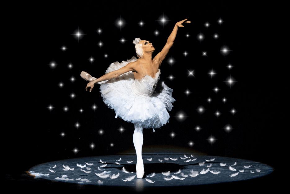 Les Ballets Trockadero de Monte Carlo, a person in a white tutu standing on point on one leg with the other stretched out behind them.