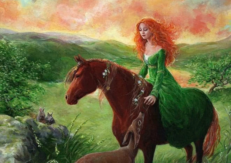The Folklore, Fables and Legends of Lough Gur, a painting of a woman on horse back reaching a hand down to a small deer.