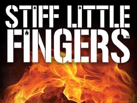 Orange flames with white text above.