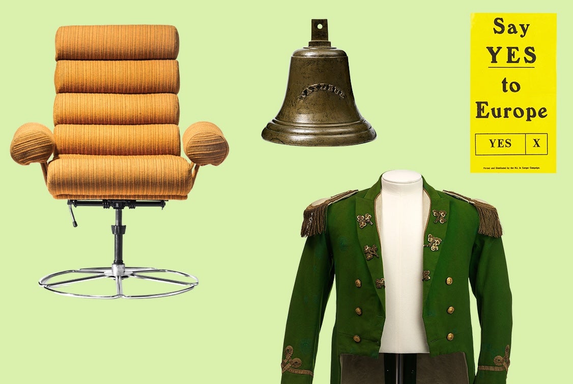 Composite image of artefacts featured on this tour including a brown swivel chair, green military jacket and a large bell.