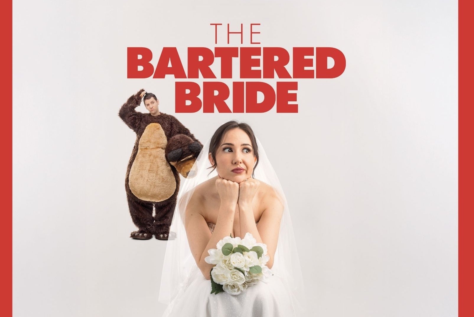A woman in a bridal gown with bouquet of flowers looking thoughtful with man behind in a brown furry bear costume, scratching his head.