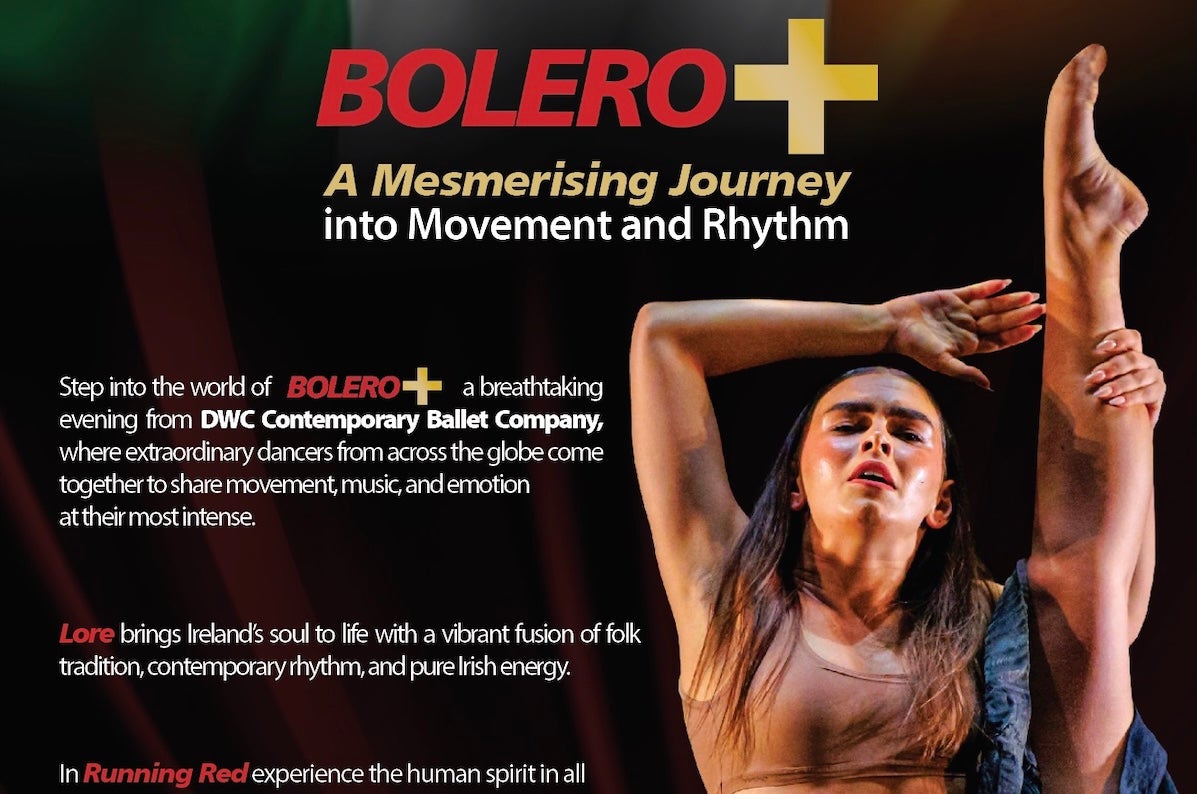 Part of poster for BOLERO+ Live in Dublin 15-17 July with a woman dancing, holding one leg vertically up beside her body.