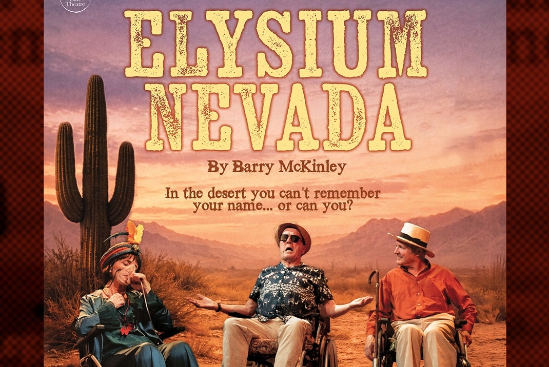 Elysium Nevada by Barry McKinley - an orange tinted view of a desert with 3 in wheelchairs