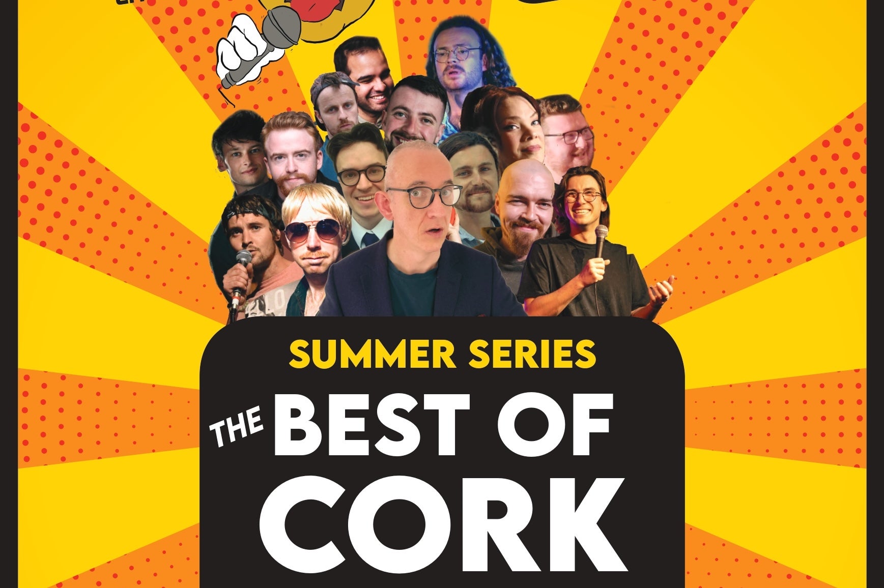 Poster with sunburst background with small collage of faces of various comedians in centre with large text
