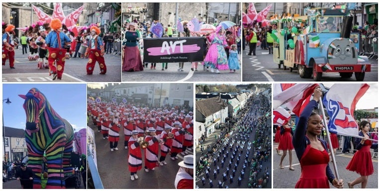 A vibrant collage that captures the colour and creativity of the Celbridge St. Patrick’s Day Parade.