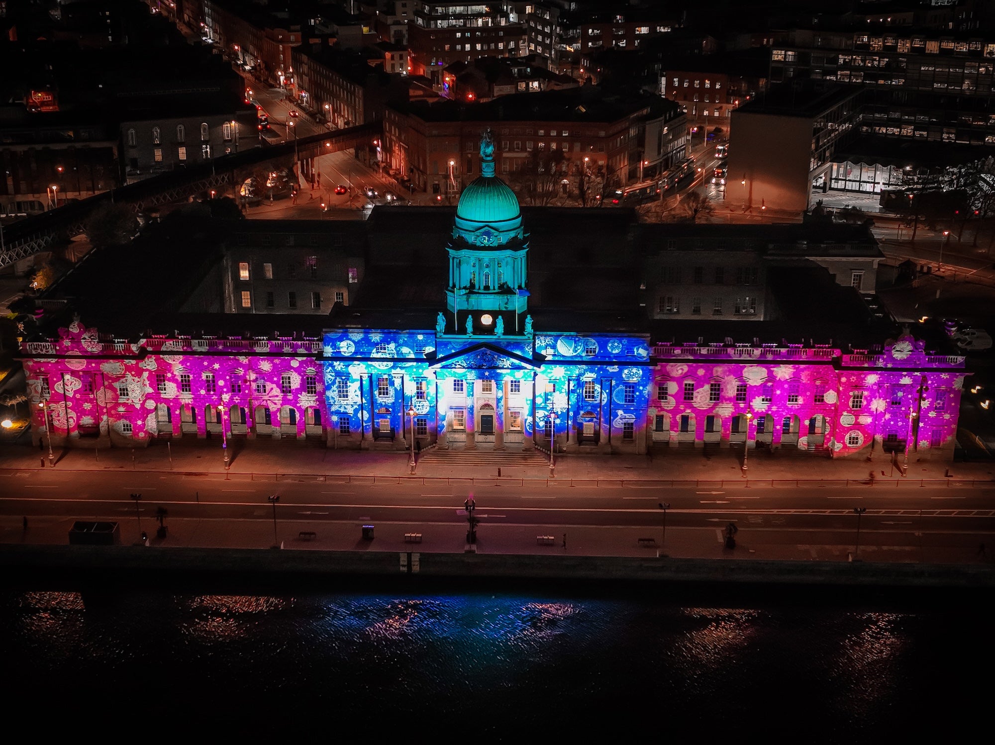 Aerial view of Dublin Winter Lights on Custom House in Dublin city