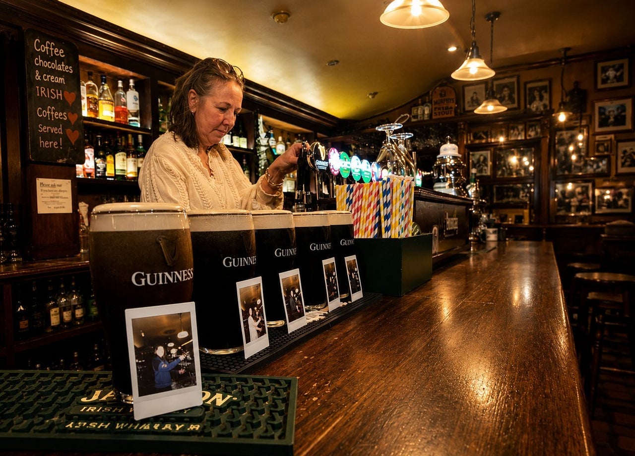 Pints of Guinness lined up on a bar each paired with a polaroid and a bar person pouring another one