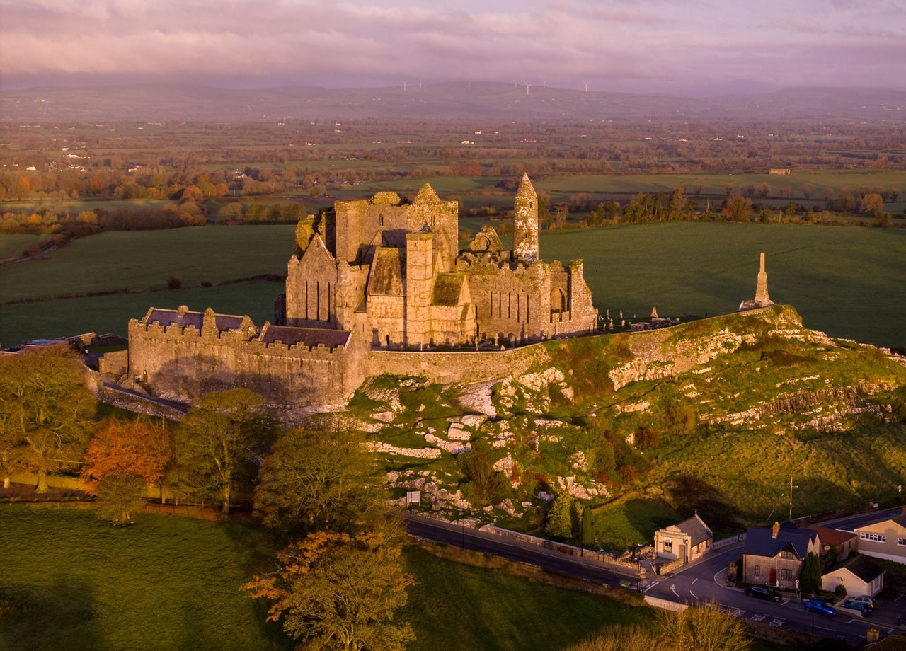 Aerial view of the Rock of Cashel at sunset