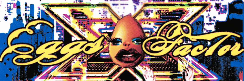 Egg with makeup on a colourful X Factor background