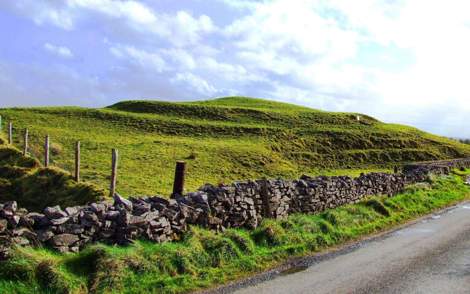 A roadside image of Rathbeg Mound and a stone wall in Rathcroghan