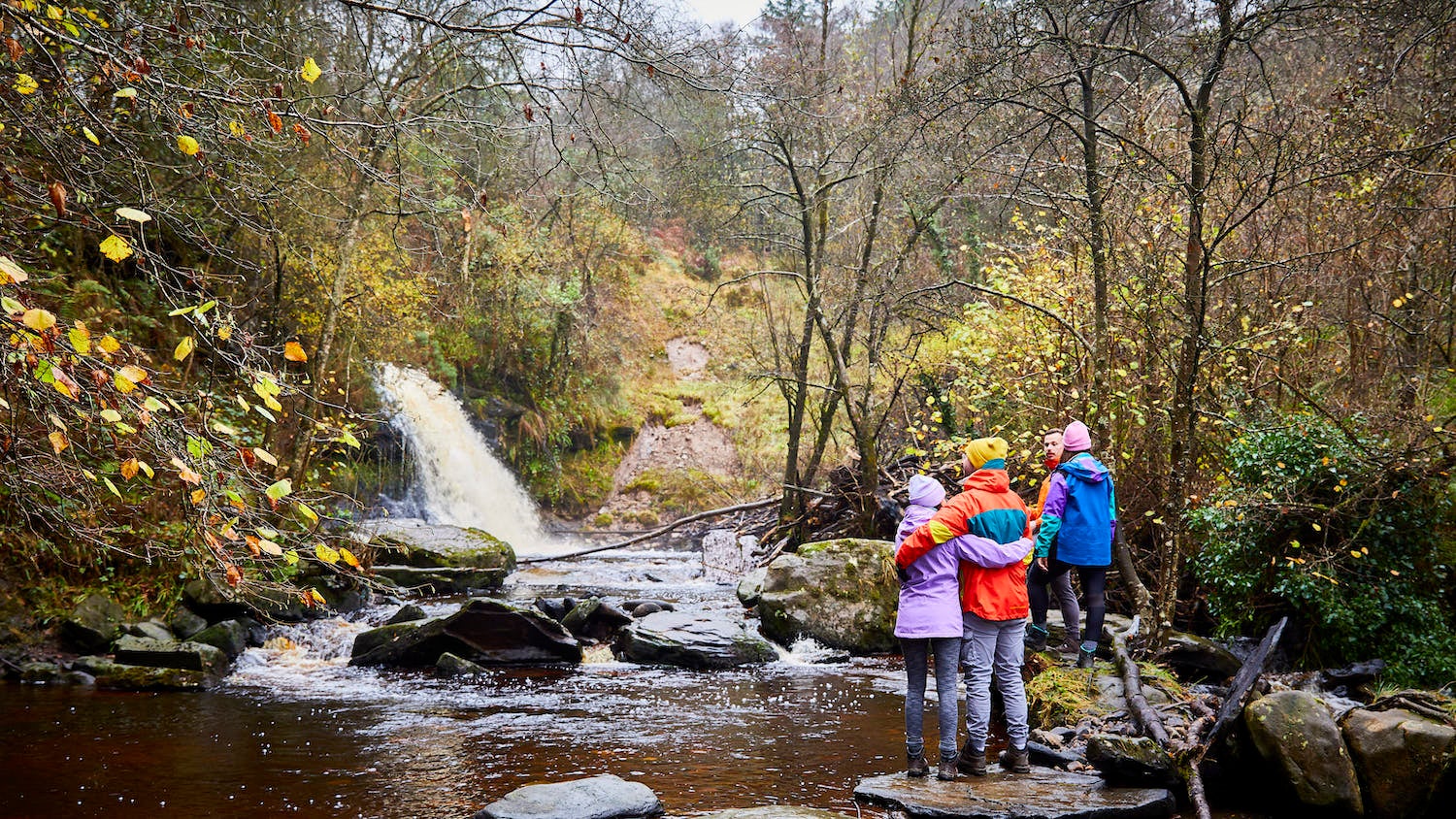 Hikers at Glebarrow Waterfall in the Slieve Bloom Mountains in Co Laois