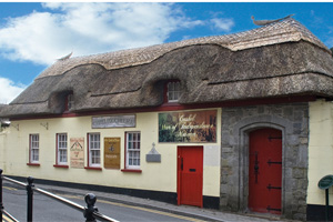 The exterior of the Cashel Folk Village with its thatched roof