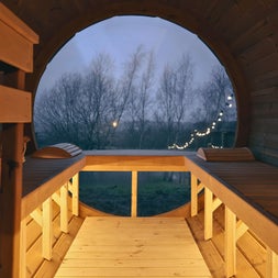 The view out of a sauna entrance with trees a string of lights
