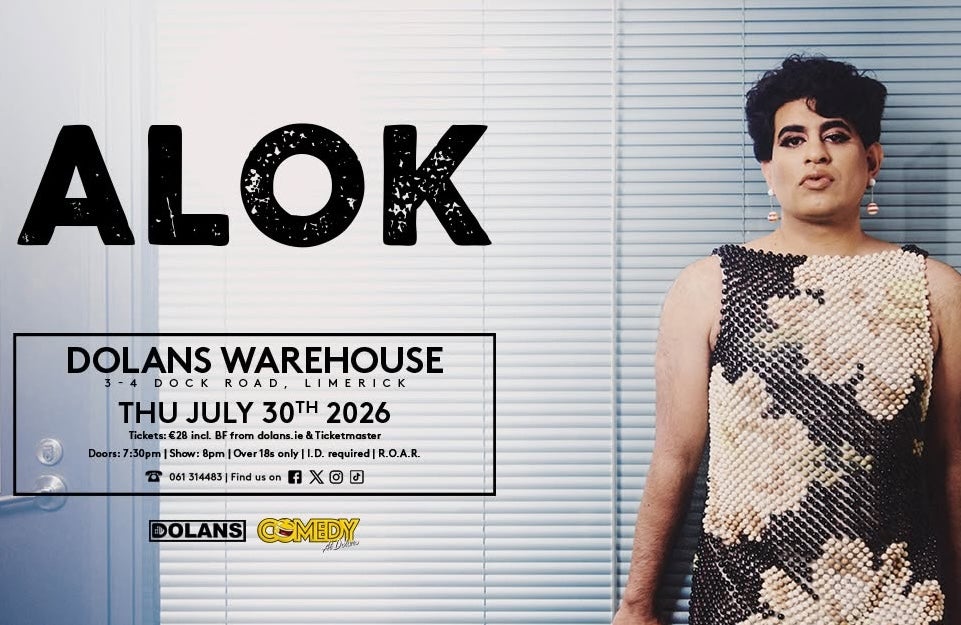 Poster for comedian Alok with person in a dress, pursing their lips.