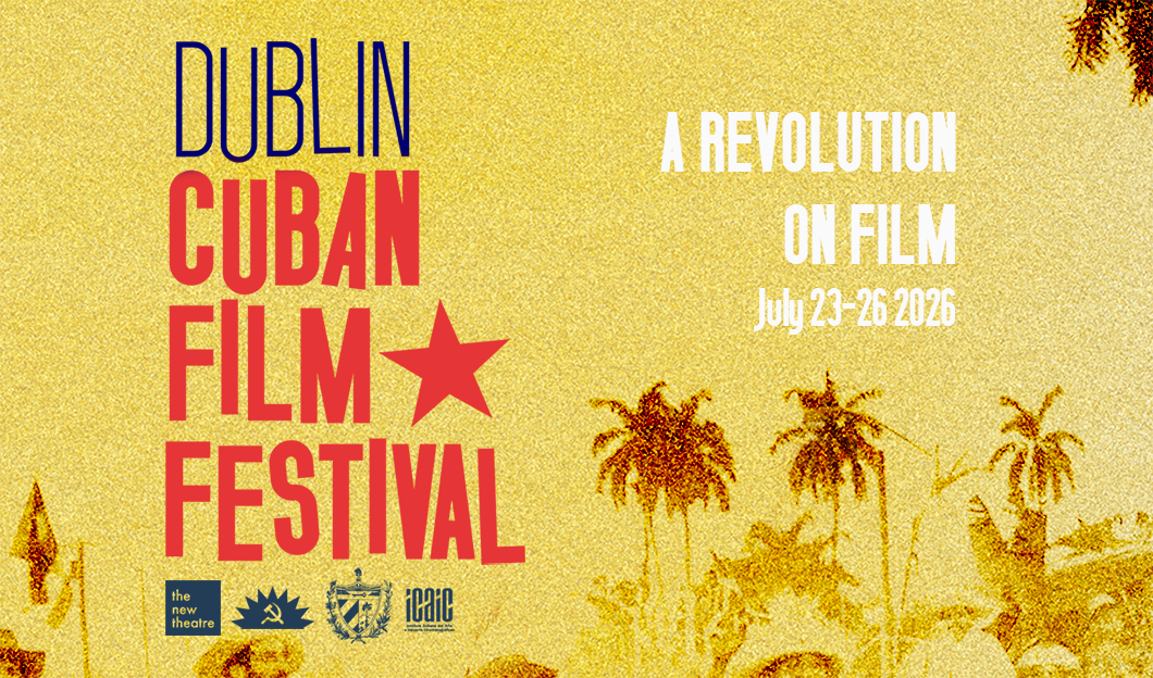 In large navy and red writing, the DCFF logo appears on the left, then on the right it reads 'A revolution on film - July 23-25 2026'. It's a burnt yellow background with a faded version of the famous 1959 photo 'Camilo moving into Havana'