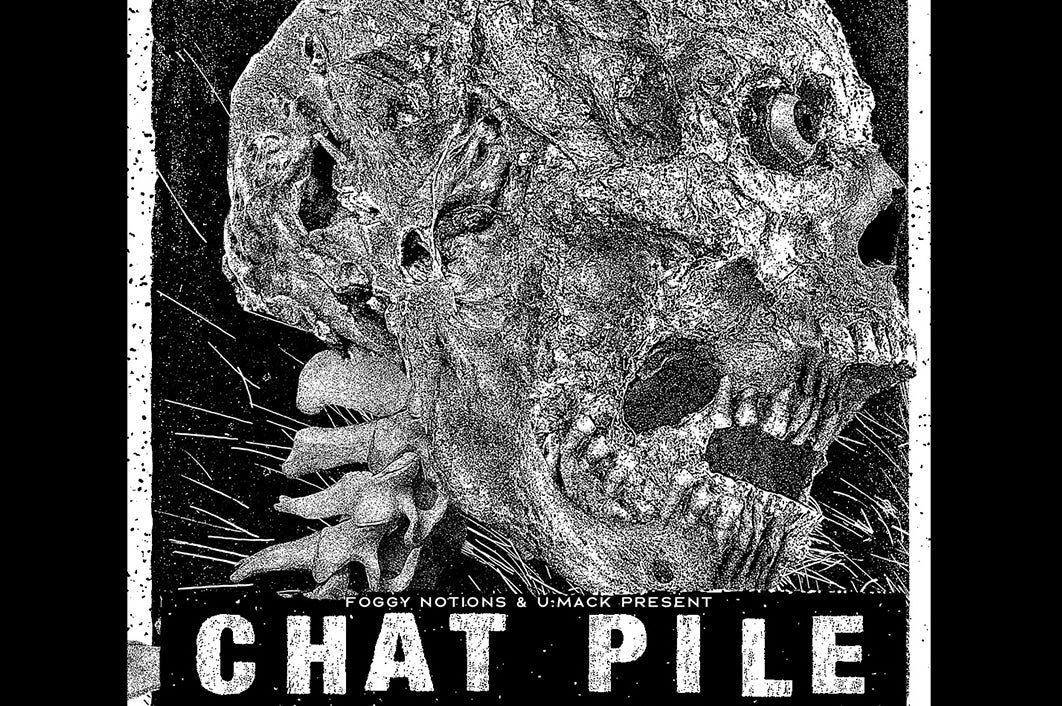 Poster for band Chat Pile with scary grey pen and ink drawing of a skull with eyes.