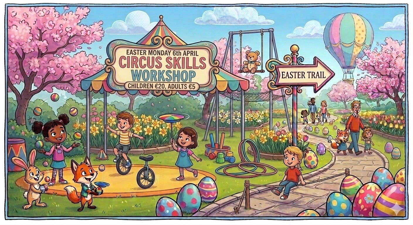 Easter Circus Workshop & Trail, cartoon image of children in a park at a playground.