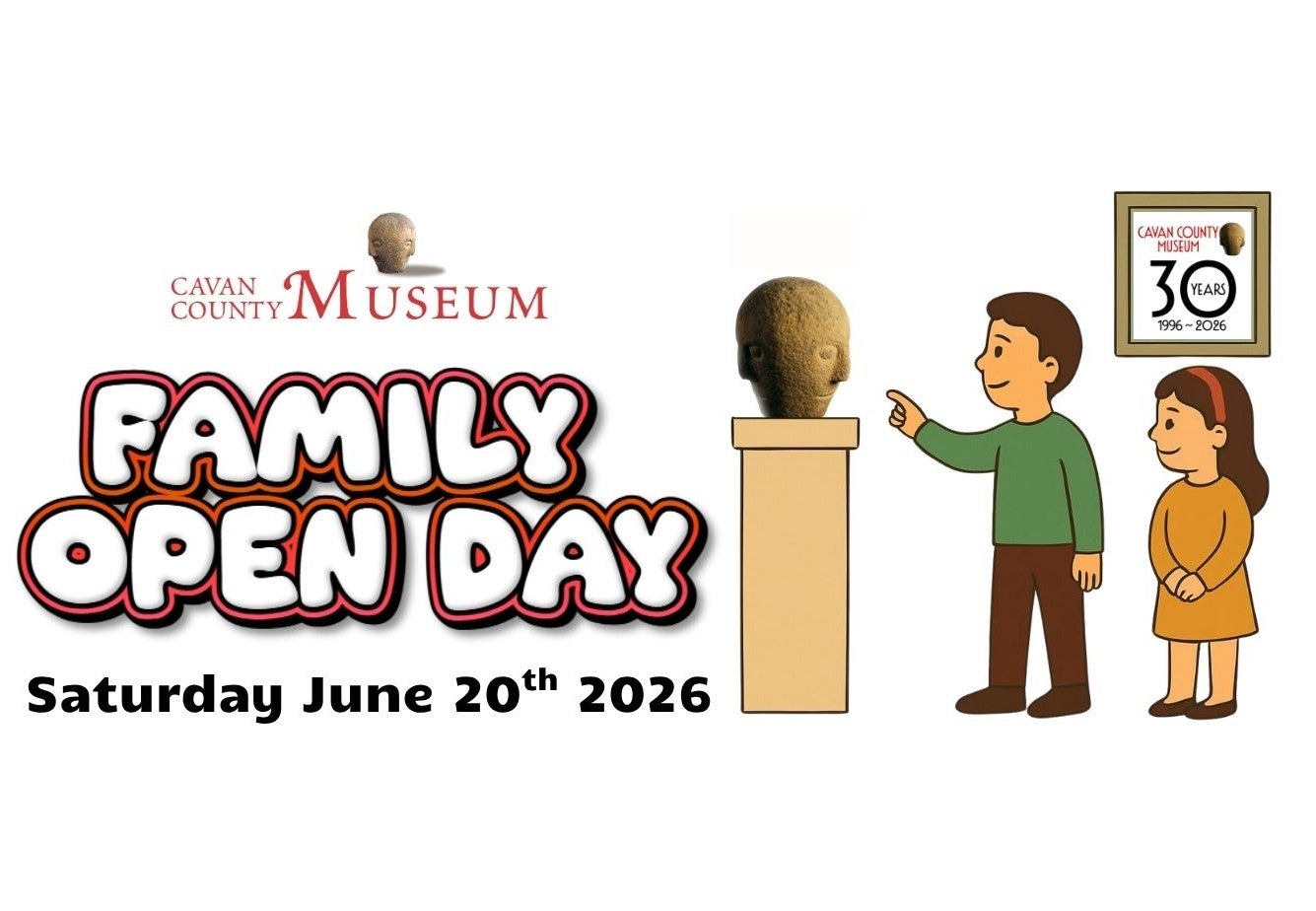 Boy and girl in a museum pointing at a carved head, Cavan County Museum Family Open Day June 20 2026, free admission to the museum 10am to 4pm