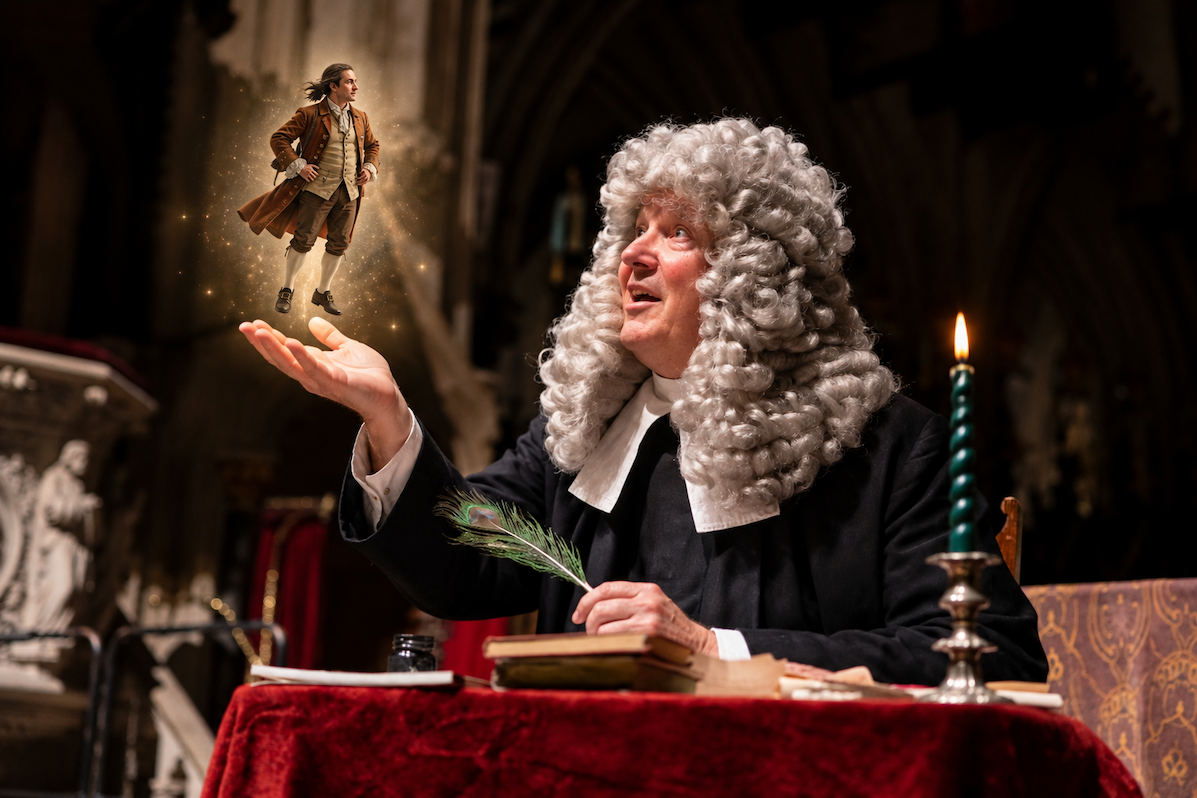 A man in white curly wig is seated at a table with a candle and a tiny figure of a man on his outstretched hand.
