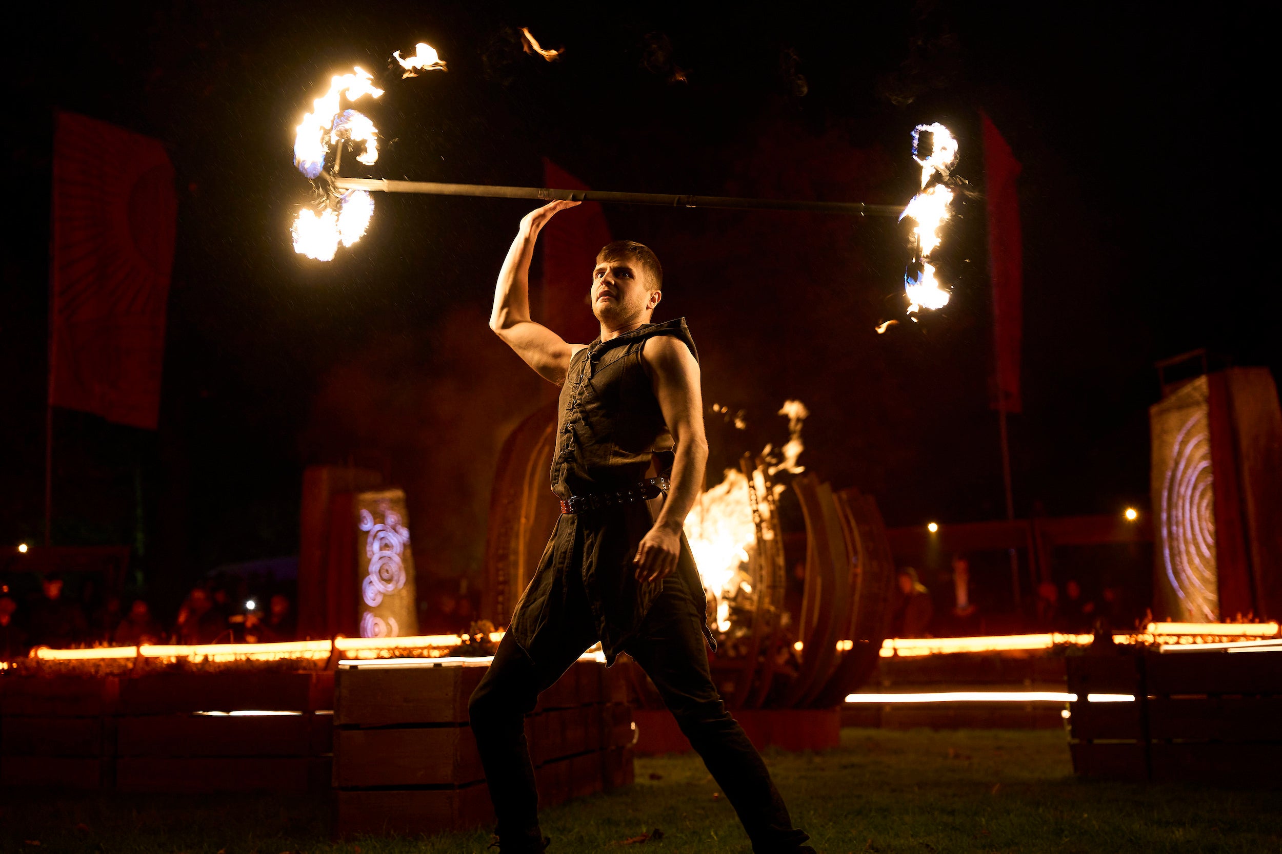 A fire performer at the 2024 Púca Festival in Co Meath