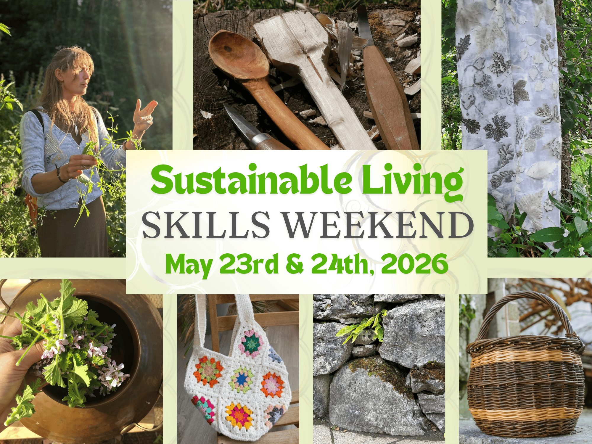 Learn foraging, eco-printing, herbal skincare, spoon carving, basket weaving, stone wall building and crocheting with expert tutors over a creative weekend in nature.