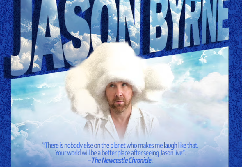 A man looking upwards in white shirt with head covered in huge, white, fluffy hat surrounded by clouds and blue text.