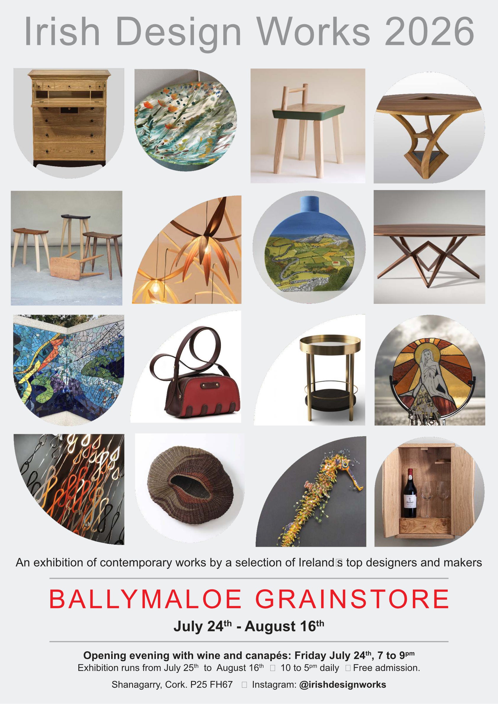 An exhibition of select Irish designers and makers across multiple disciplines, featuring handcrafted furniture, ceramics, artisan leather bags and sculptural works in glass, willow, wood and more.