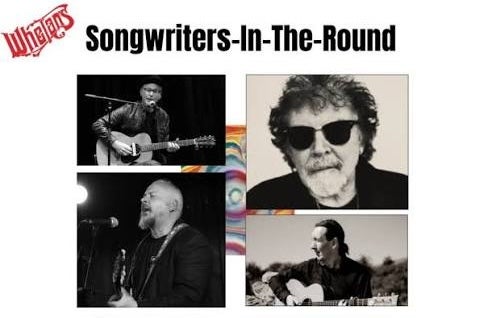 Poster for Songwriters in the Round with 4 different black and white photos of musicians, some performing.