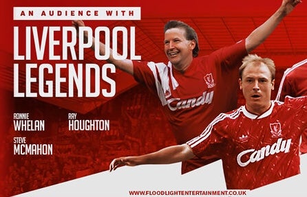 An Audience with Liverpool Legends, 2 different men in red football strips with arms outstretched, on red background with white event text.