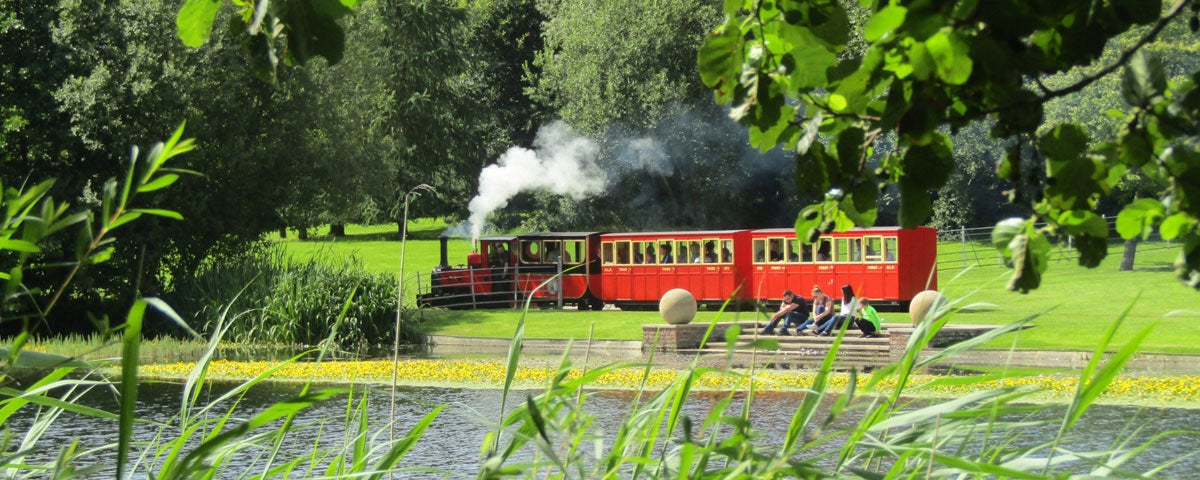 Train in motion through the gardens at Oakfield Park