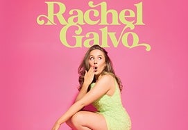 A woman in a short dress is squatting down with one hand raised up to her shocked face, against bright pink background.