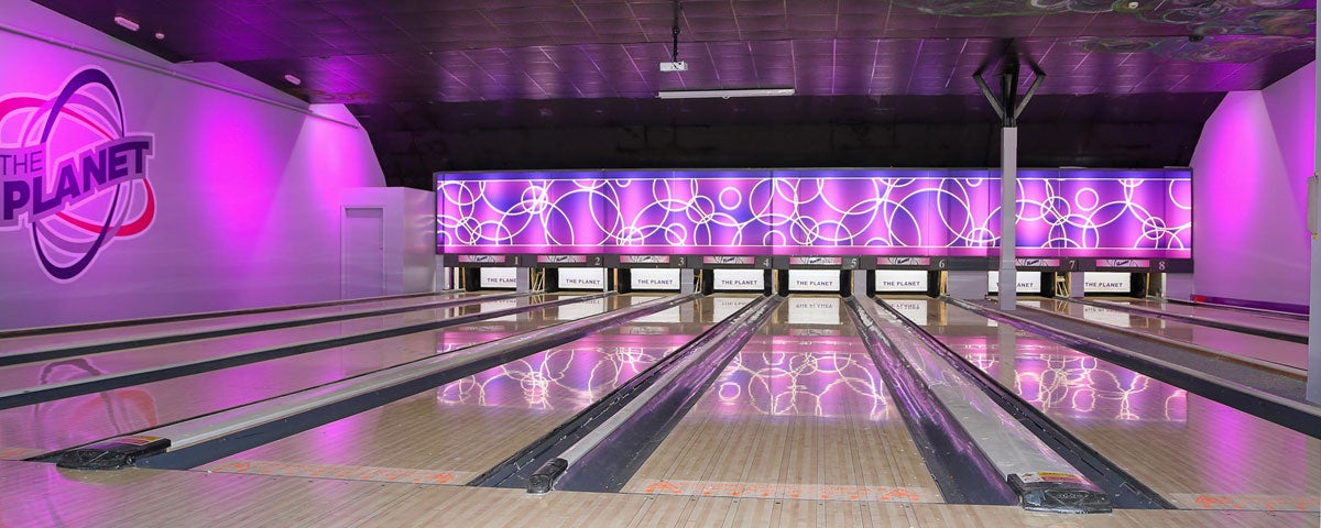 The Planet Entertainment Centre Athlone bowling lane and purple lights