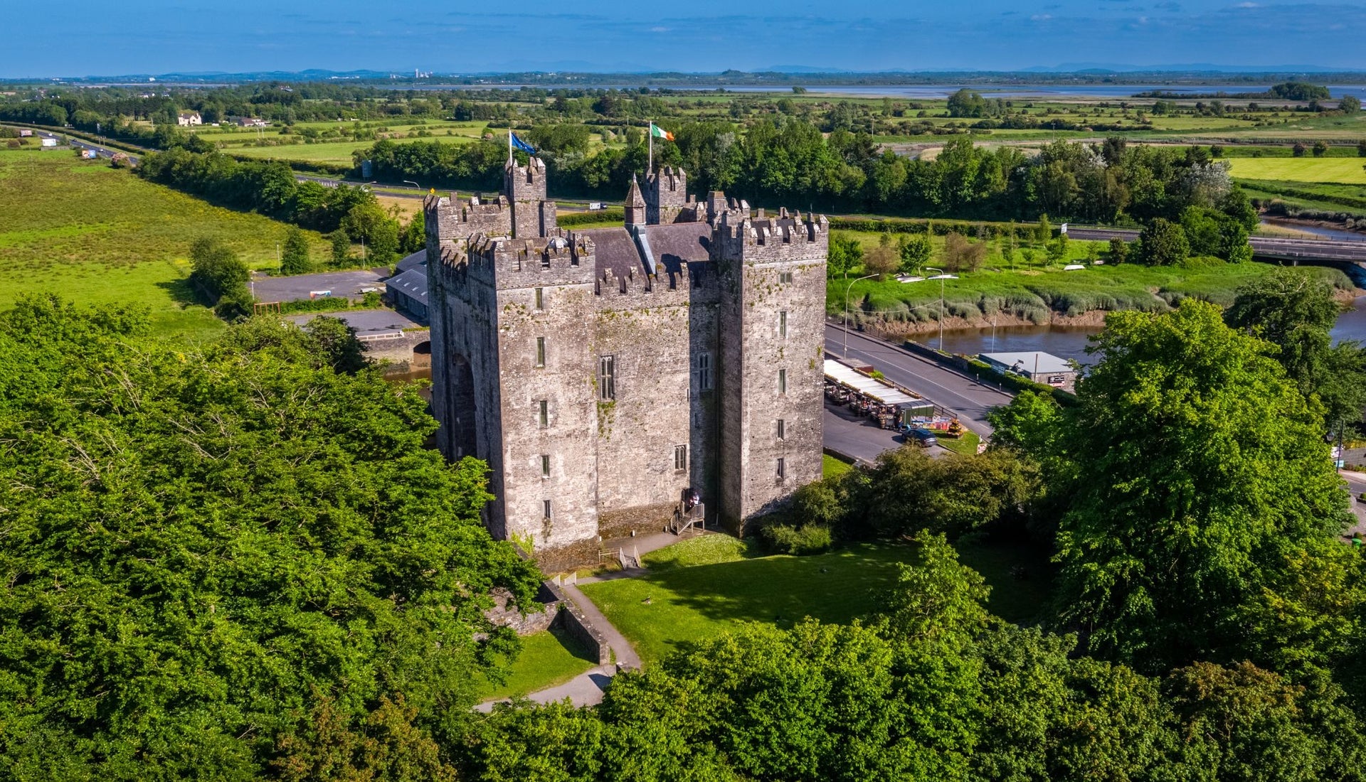 An aerial view of a castle surrounded by trees