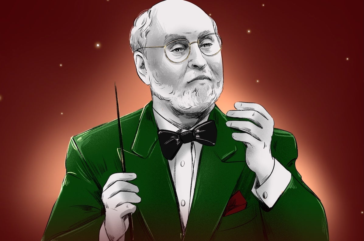 Cartoon type image of older man in green evening jacket holding his hands up with a small black baton.