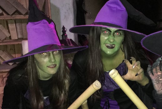 2 people dressed as witches in dark purple hats, green faces and black capes
