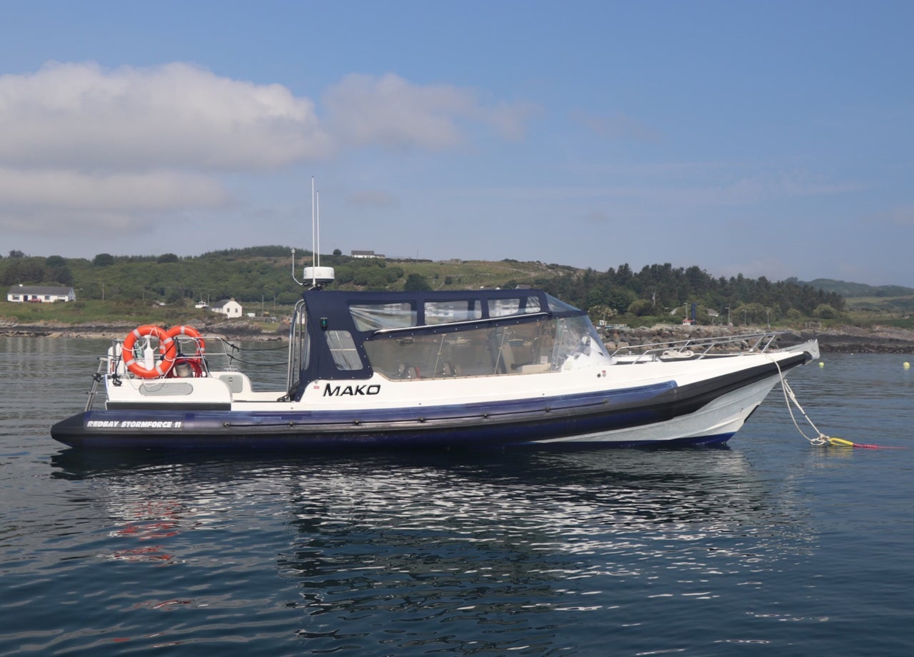 Blue and white passenger rib on anchor at sea