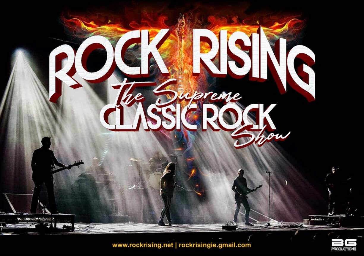 Rock Rising, The Supreme Classic Rock Show, figures playing guitars on a large stage lit by huge white spotlights.