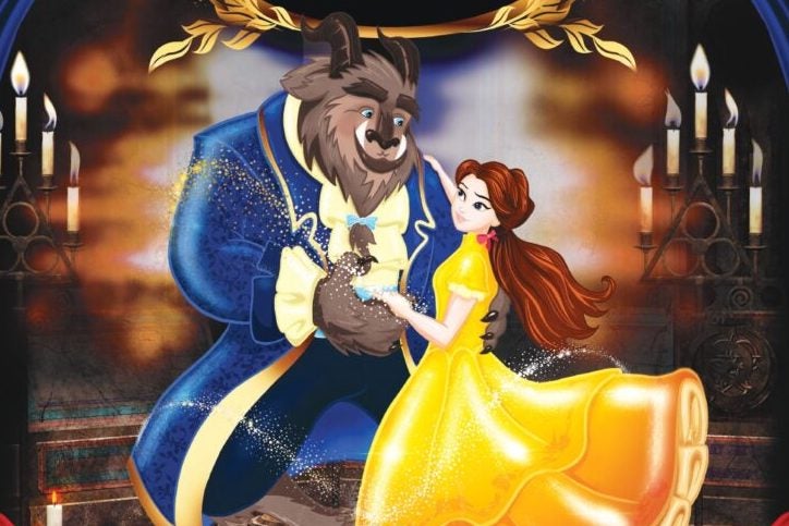 Cartoon image of woman in bright yellow dress dancing with large man in blue jacket and large animal head.