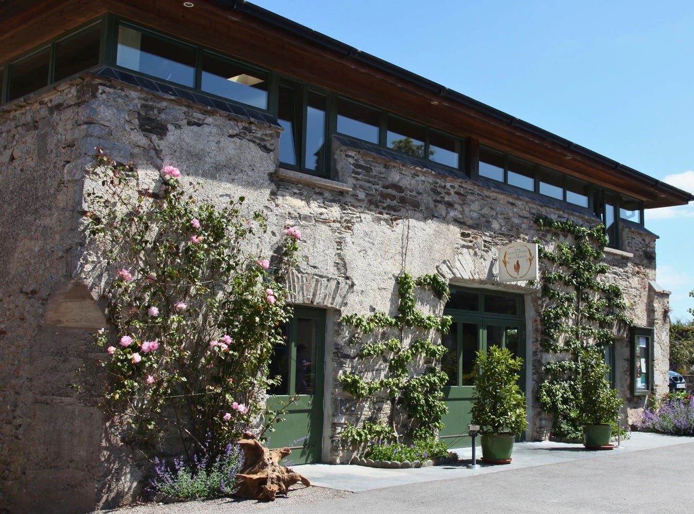 Converted barn with old style doors and ivy clad walls and potted plants at the doors