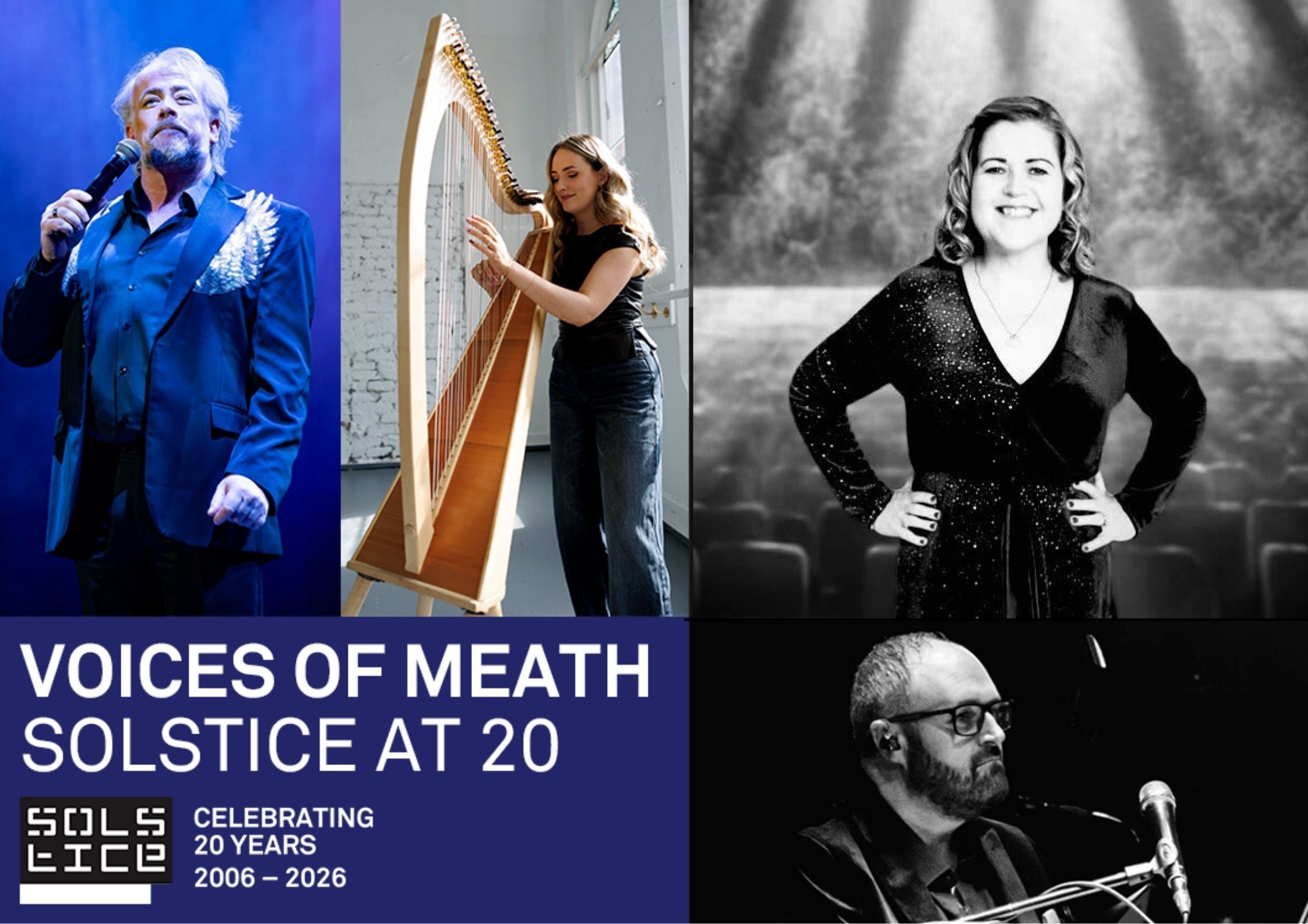 A celebratory concert poster featuring performers from across Meath, marking Solstice Arts Centre’s 20th anniversary with an evening of music, community and local talent.