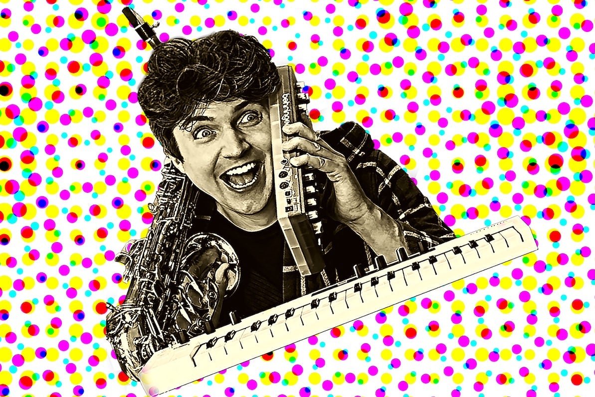 Surprised looking man hold up a small electronic device to his ear with a keyboard and a saxophone, against background of lines of coloured dots