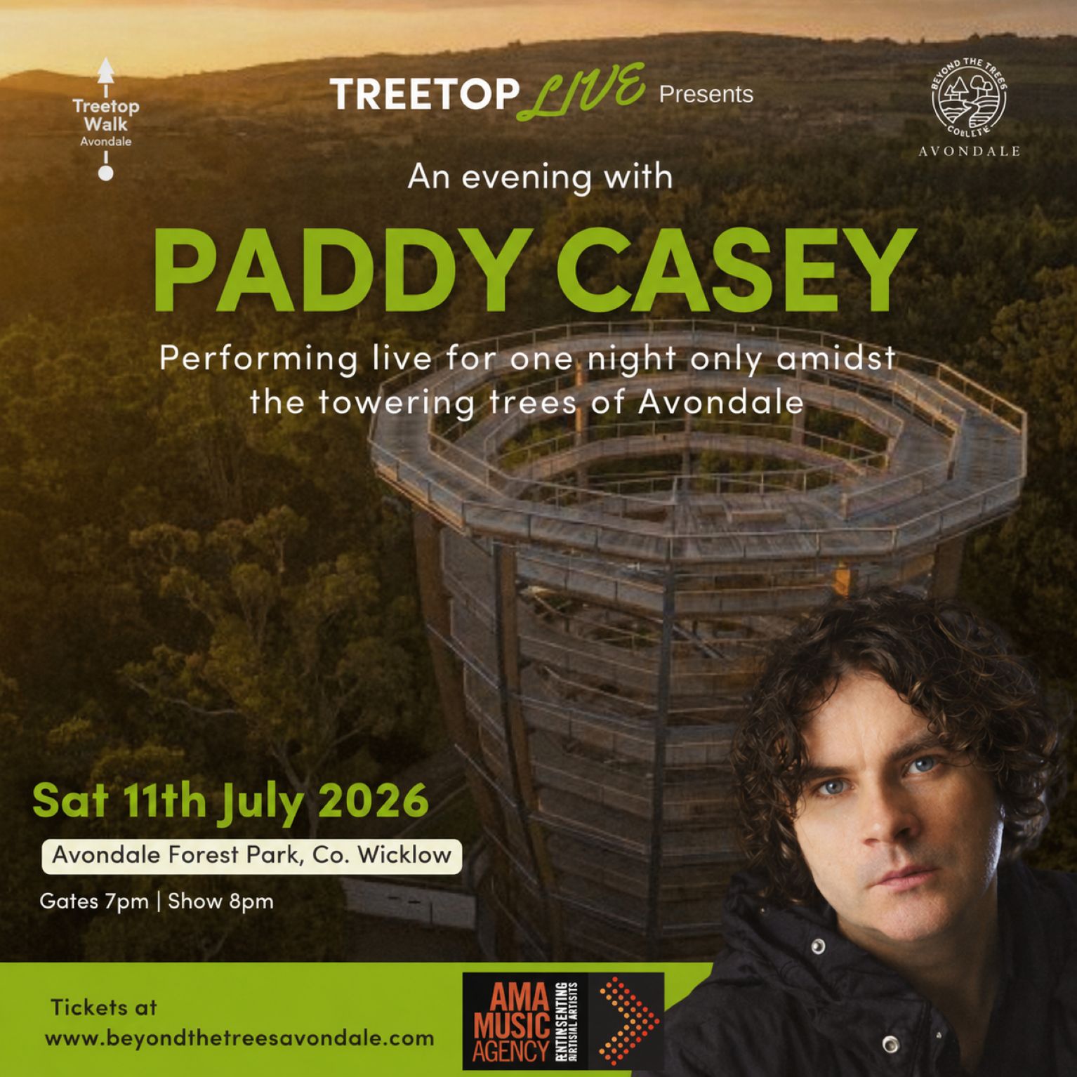 An evening with Paddy Casey performing live for one night only amidst the towering trees of Avondale Forest Park. Pre performance reception in Walled Garden from 1800 with drinks and snacks available.Gates open at 1900 Show starts at 2000