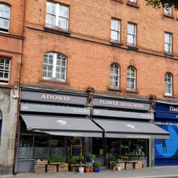 An exterior image of Adonis Flower Designers with plants on display outside the entrance door