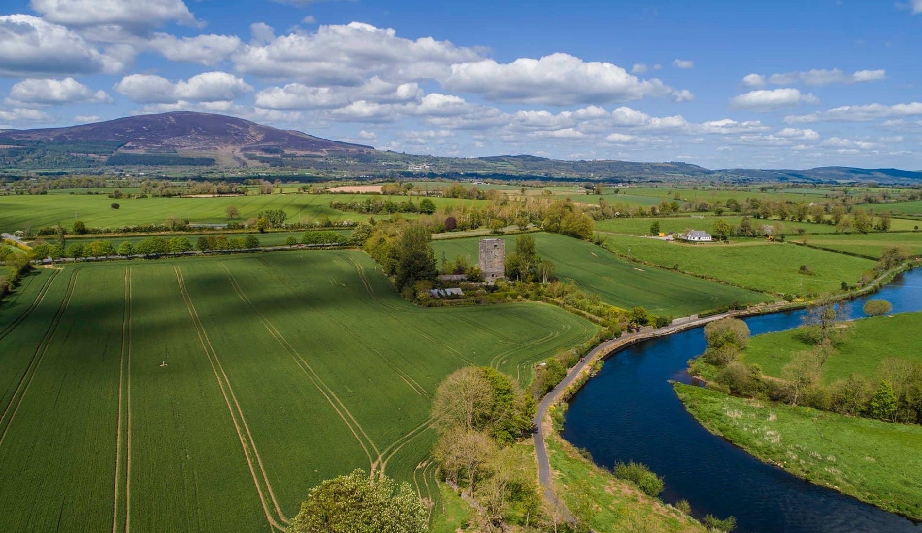 An aerial image a river winding through open fields